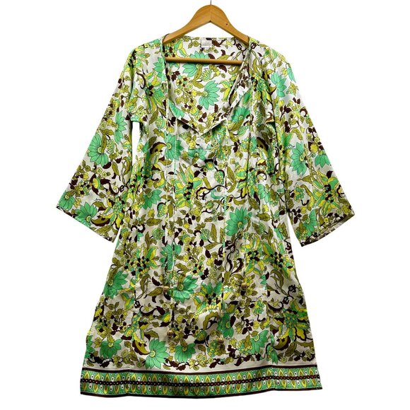 Milly Cabana Y2K Resort Tunic Dress Signed Mod Floral Print Gold Tassel Detail M - Picture 2 of 11